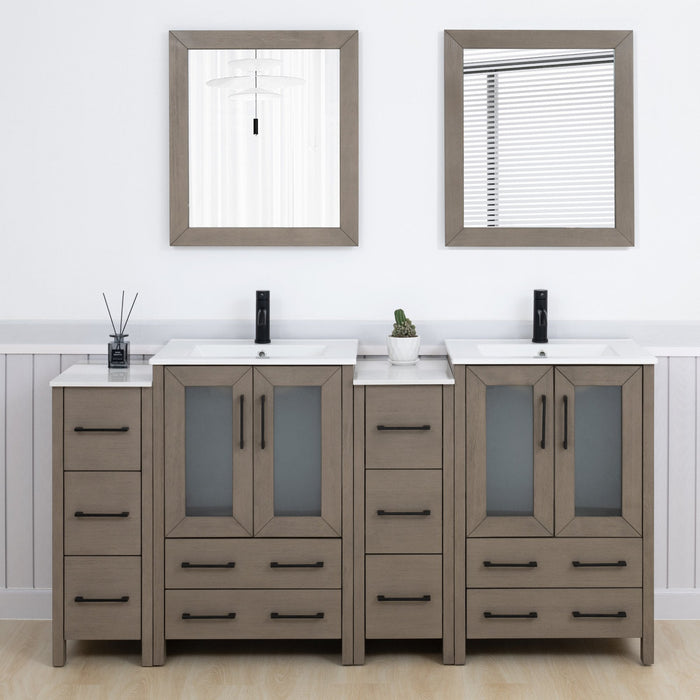 Brescia 72" Double Sink Bathroom Vanity Combo Set, 4 Cabinets, 2 Shelves Ceramic Top Bathroom Cabinet with Two Free Mirrors - HomeBeyond