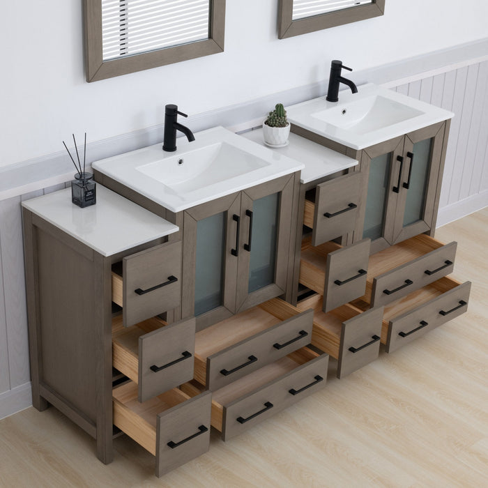 Brescia 72" Double Sink Bathroom Vanity Combo Set, 4 Cabinets, 2 Shelves Ceramic Top Bathroom Cabinet with Two Free Mirrors - HomeBeyond