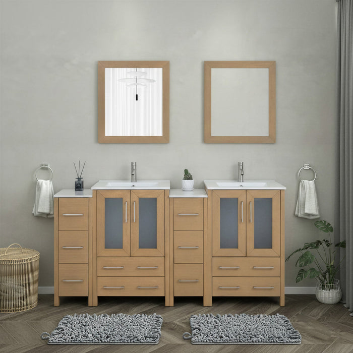 Brescia 72" Double Sink Bathroom Vanity Combo Set, 4 Cabinets, 2 Shelves Ceramic Top Bathroom Cabinet with Two Free Mirrors - HomeBeyond