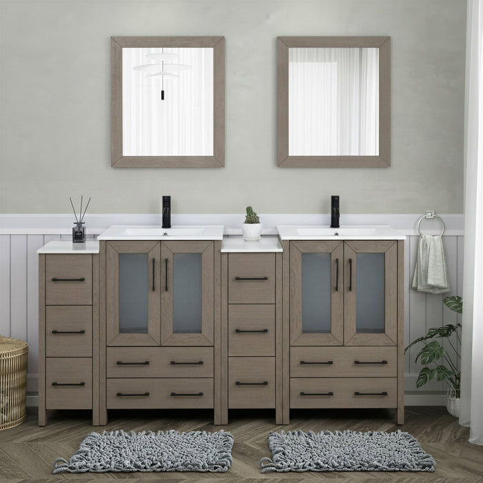 Brescia 72" Double Sink Bathroom Vanity Combo Set, 4 Cabinets, 2 Shelves Ceramic Top Bathroom Cabinet with Two Free Mirrors - HomeBeyond