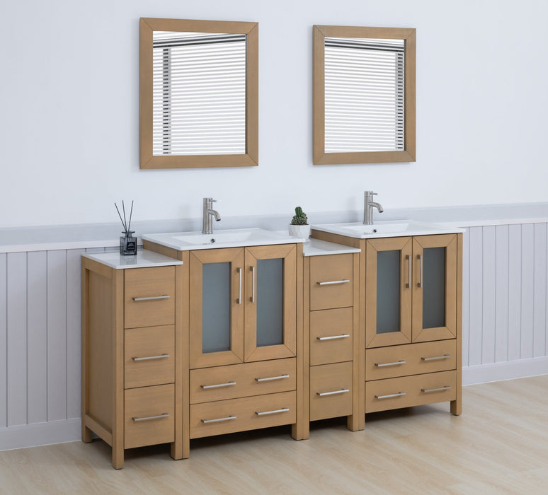 Brescia 72" Double Sink Bathroom Vanity Combo Set, 4 Cabinets, 2 Shelves Ceramic Top Bathroom Cabinet with Two Free Mirrors - HomeBeyond