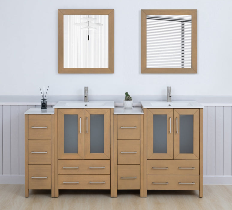 Brescia 72" Double Sink Bathroom Vanity Combo Set, 4 Cabinets, 2 Shelves Ceramic Top Bathroom Cabinet with Two Free Mirrors - HomeBeyond