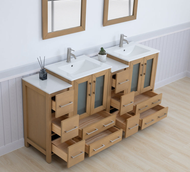 Brescia 72" Double Sink Bathroom Vanity Combo Set, 4 Cabinets, 2 Shelves Ceramic Top Bathroom Cabinet with Two Free Mirrors - HomeBeyond