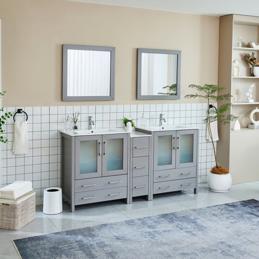 Brescia 72 inch gray double sink bathroom vanity with side shelving unit and two mirrors, angled view