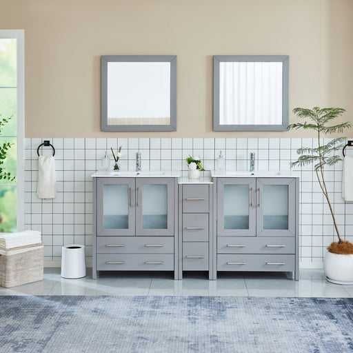 Brescia 72 inch gray double sink bathroom vanity with two gray-framed mirrors, front view