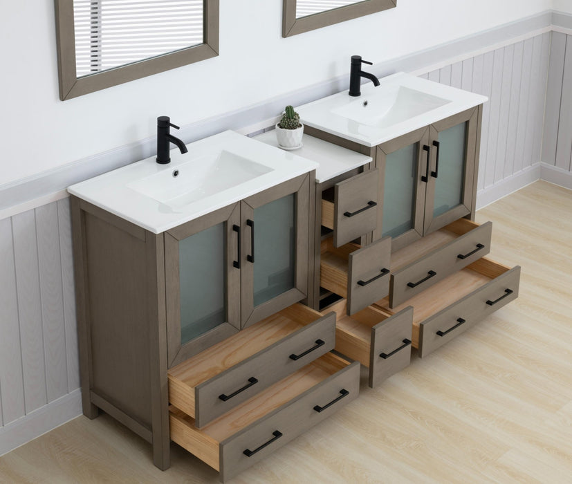Brescia 72" Double Sink Modern Bathroom Vanity Set, Compact 2 Shelves 7 Drawers White Ceramic Top Bathroom Cabinet with Free Mirrors - HomeBeyond