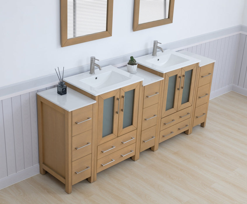 Brescia 84" Double Sink Bathroom Vanity Combo Set, 3 Side Cabinets 2 Shelves Ceramic Top Bathroom Cabinet with Free Mirrors - HomeBeyond