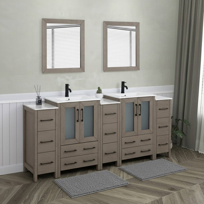 Brescia 84" Double Sink Bathroom Vanity Combo Set, 3 Side Cabinets 2 Shelves Ceramic Top Bathroom Cabinet with Free Mirrors - HomeBeyond