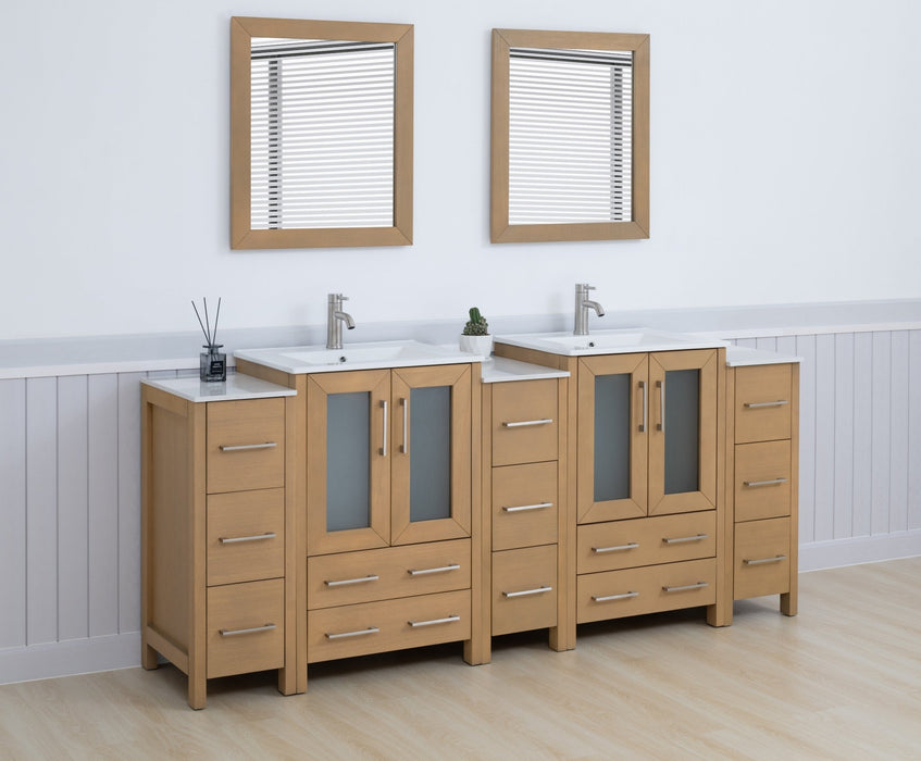 Brescia 84" Double Sink Bathroom Vanity Combo Set, 3 Side Cabinets 2 Shelves Ceramic Top Bathroom Cabinet with Free Mirrors - HomeBeyond