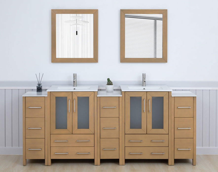 Brescia 84" Double Sink Bathroom Vanity Combo Set, 3 Side Cabinets 2 Shelves Ceramic Top Bathroom Cabinet with Free Mirrors - HomeBeyond