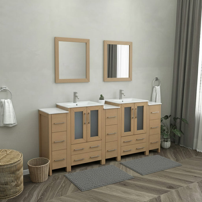 Brescia 84" Double Sink Bathroom Vanity Combo Set, 3 Side Cabinets 2 Shelves Ceramic Top Bathroom Cabinet with Free Mirrors - HomeBeyond