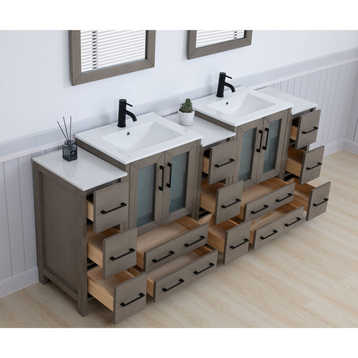 Brescia 84" Double Sink Bathroom Vanity Combo Set, 3 Side Cabinets 2 Shelves Ceramic Top Bathroom Cabinet with Free Mirrors - HomeBeyond