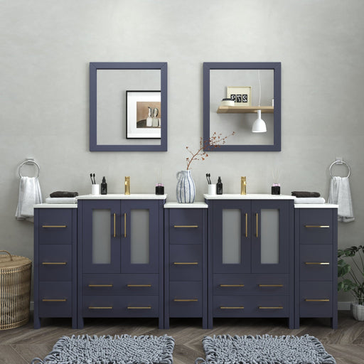 Brescia 84-inch double sink bathroom vanity in navy blue with gold hardware and two square framed mirrors