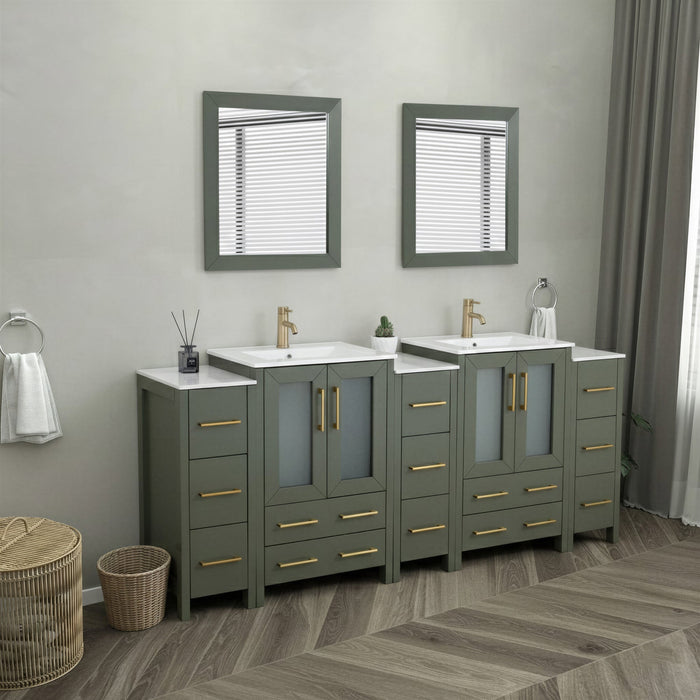 Brescia 84" Double Sink Bathroom Vanity Combo Set, 3 Side Cabinets 2 Shelves Ceramic Top Bathroom Cabinet with Free Mirrors - HomeBeyond