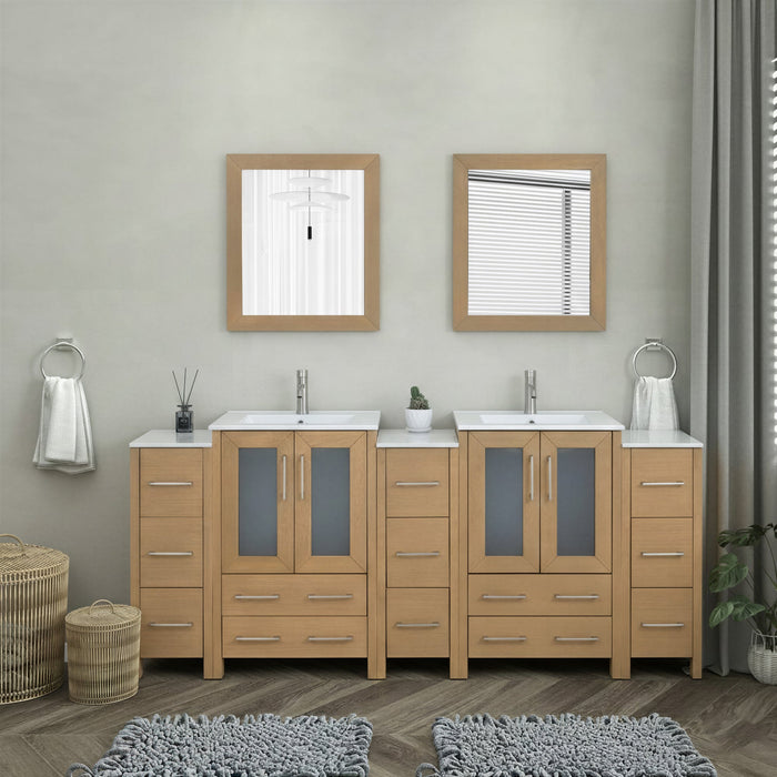 Brescia 84" Double Sink Bathroom Vanity Combo Set, 3 Side Cabinets 2 Shelves Ceramic Top Bathroom Cabinet with Free Mirrors - HomeBeyond