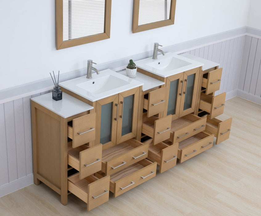 Brescia 84" Double Sink Bathroom Vanity Combo Set, 3 Side Cabinets 2 Shelves Ceramic Top Bathroom Cabinet with Free Mirrors - HomeBeyond