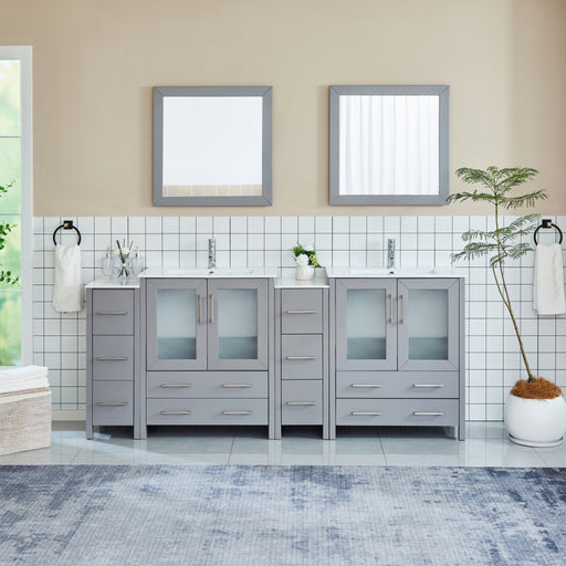 Brescia 84-inch gray double sink bathroom vanity set with frosted glass doors and two mirrors, front view