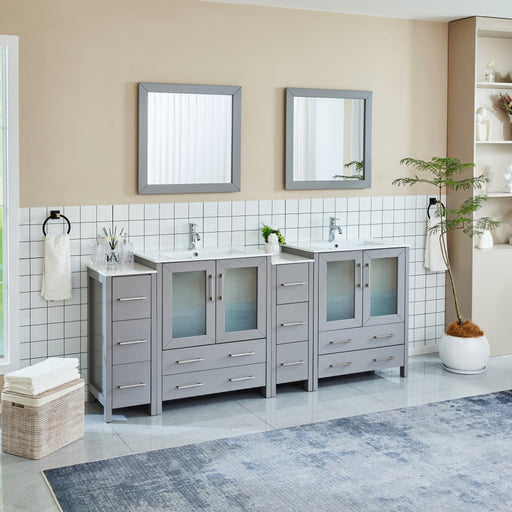 Brescia 84-inch gray double bathroom vanity with dual ceramic sinks, side cabinet, and wall mirrors