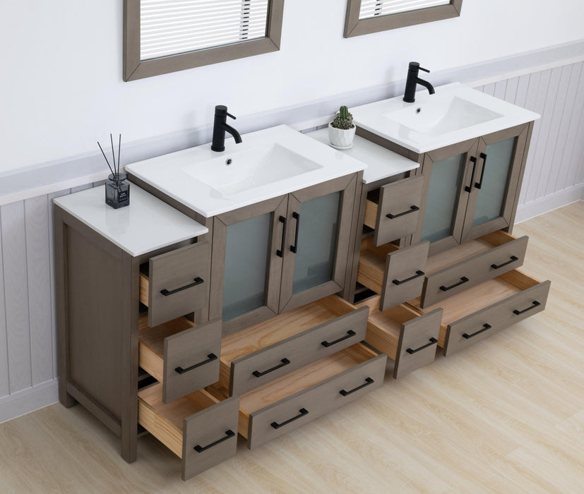 Brescia 84" Double Sink Modern Bathroom Vanity Set, Compact 2 Shelves 10 Drawers White Ceramic Top Bathroom Cabinet with Free Mirrors - HomeBeyond