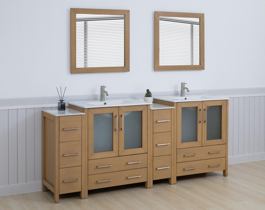Brescia 84" Double Sink Modern Bathroom Vanity Set, Compact 2 Shelves 10 Drawers White Ceramic Top Bathroom Cabinet with Free Mirrors - HomeBeyond