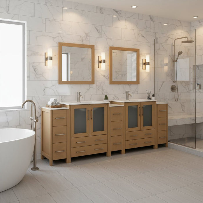 Brescia 84" Double Sink Modern Bathroom Vanity Set, Compact 2 Shelves 10 Drawers White Ceramic Top Bathroom Cabinet with Free Mirrors - HomeBeyond