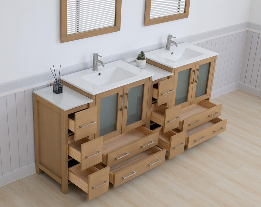 Brescia 84" Double Sink Modern Bathroom Vanity Set, Compact 2 Shelves 10 Drawers White Ceramic Top Bathroom Cabinet with Free Mirrors - HomeBeyond