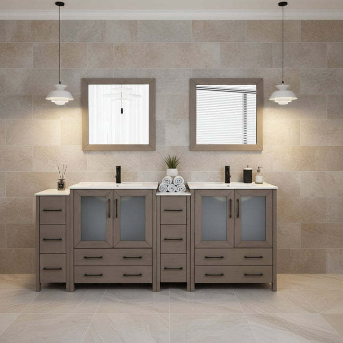 Brescia 84" Double Sink Modern Bathroom Vanity Set, Compact 2 Shelves 10 Drawers White Ceramic Top Bathroom Cabinet with Free Mirrors - HomeBeyond