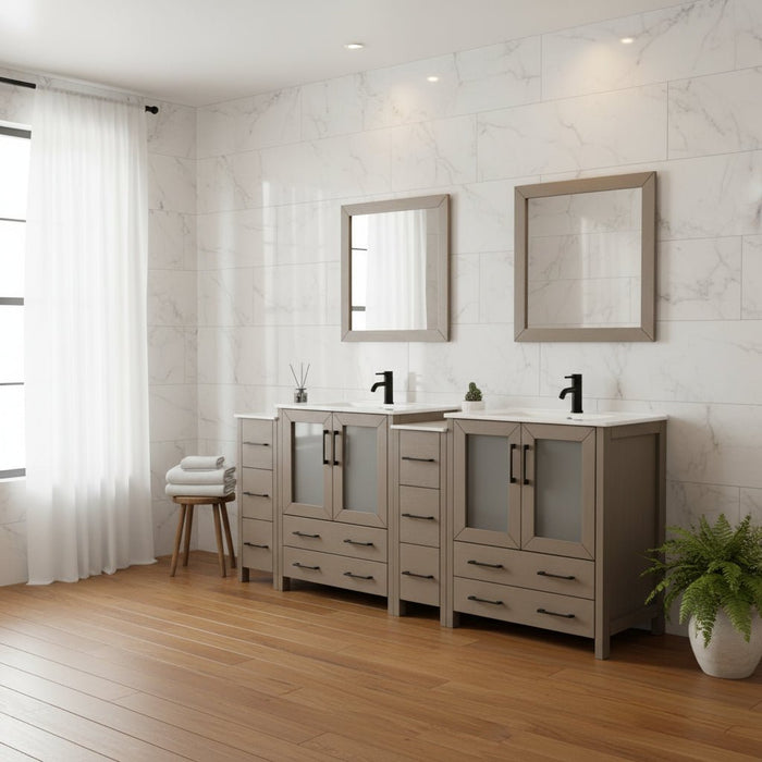 Brescia 84" Double Sink Modern Bathroom Vanity Set, Compact 2 Shelves 10 Drawers White Ceramic Top Bathroom Cabinet with Free Mirrors - HomeBeyond