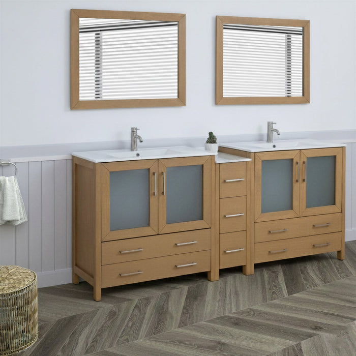 Brescia 84"Double Sink Modern Bathroom Vanity Set, 2 Shelves 7 Drawers - Ceramic Top & Bathroom Cabinet with Free Mirrors - HomeBeyond