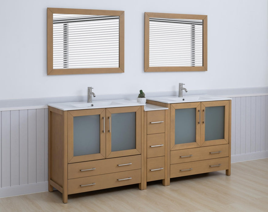 Brescia 84"Double Sink Modern Bathroom Vanity Set, 2 Shelves 7 Drawers - Ceramic Top & Bathroom Cabinet with Free Mirrors - HomeBeyond