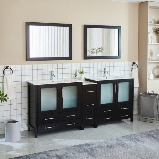 Brescia 84-inch espresso double sink bathroom vanity with side cabinet, brushed nickel hardware, and dual mirrors