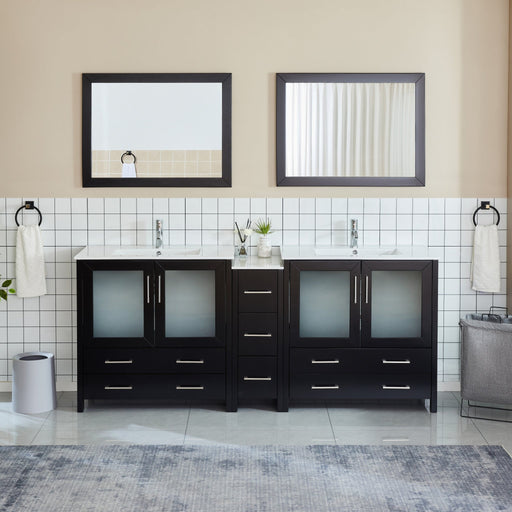 Brescia 84-inch espresso double sink bathroom vanity set with frosted glass doors and two dark framed mirrors, front view