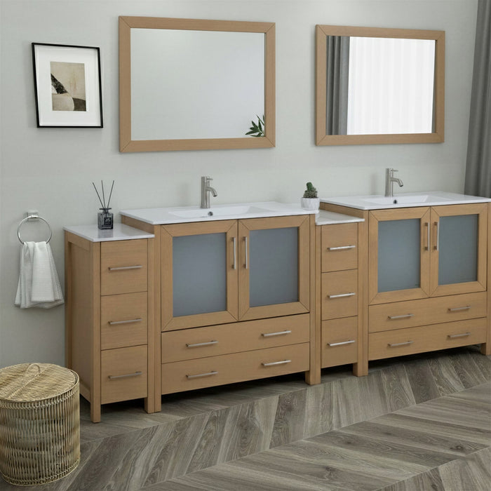 Brescia 96" Double Sink Modern Bathroom Vanity Set, 2 Shelves 10 Drawers Ceramic Top Bathroom Cabinet with Free Mirrors - HomeBeyond