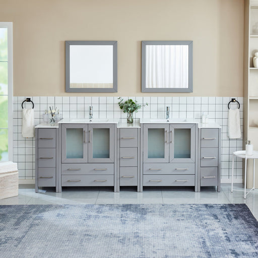 Brescia 96 inch double sink bathroom vanity in grey finish with two mirrors and white ceramic countertops