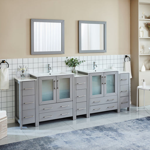 Brescia 96 inch grey double sink vanity with side towers, frosted glass doors, and dual wall mirrors