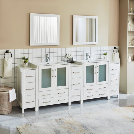 Brescia 96 inch white double bathroom vanity with side cabinets, dual sinks, and two square framed mirrors