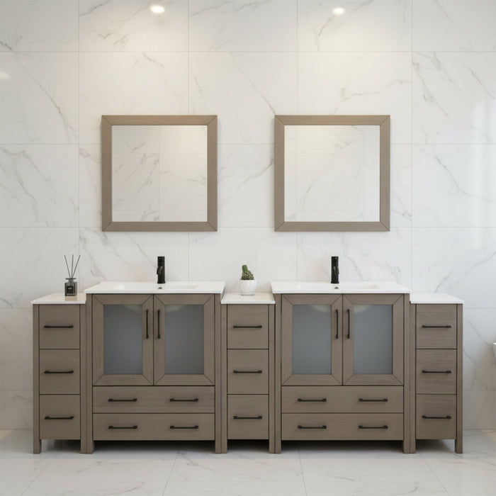 Brescia 96" Double Sink Modern Bathroom Vanity Set, Compact 2 Shelves 13 Drawers White Ceramic Top Bathroom Cabinet with Free Mirrors - HomeBeyond