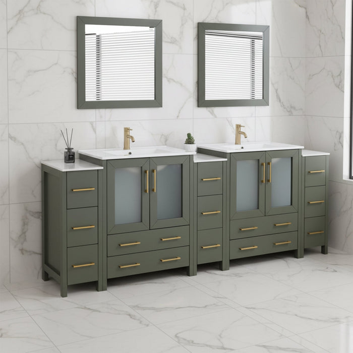 Brescia 96" Double Sink Modern Bathroom Vanity Set, Compact 2 Shelves 13 Drawers White Ceramic Top Bathroom Cabinet with Free Mirrors - HomeBeyond