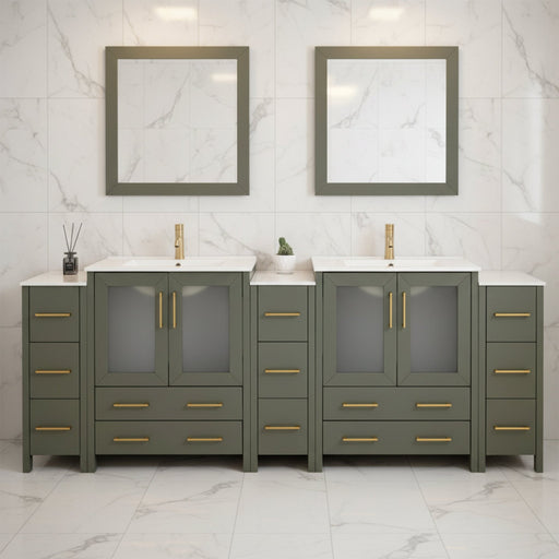 Brescia 96" Double Sink Modern Bathroom Vanity Set, Compact 2 Shelves 13 Drawers White Ceramic Top Bathroom Cabinet with Free Mirrors - HomeBeyond