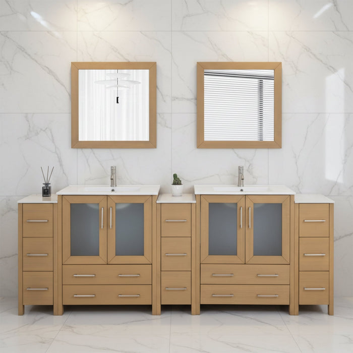 Brescia 96" Double Sink Modern Bathroom Vanity Set, Compact 2 Shelves 13 Drawers White Ceramic Top Bathroom Cabinet with Free Mirrors - HomeBeyond