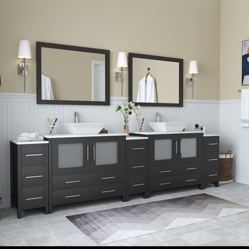 Ravenna 108-inch double sink vanity in espresso finish with brushed nickel pulls, vessel sinks, and two mirrors