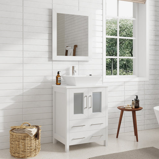 Ravenna 24" Single Sink Bathroom Vanity Combo Set, 2-Drawers, Single Shelf, Single Cabinet White Engineered Marble Top and Ceramic Vessel Sink Bathroom Cabinet with Mirror - HomeBeyond