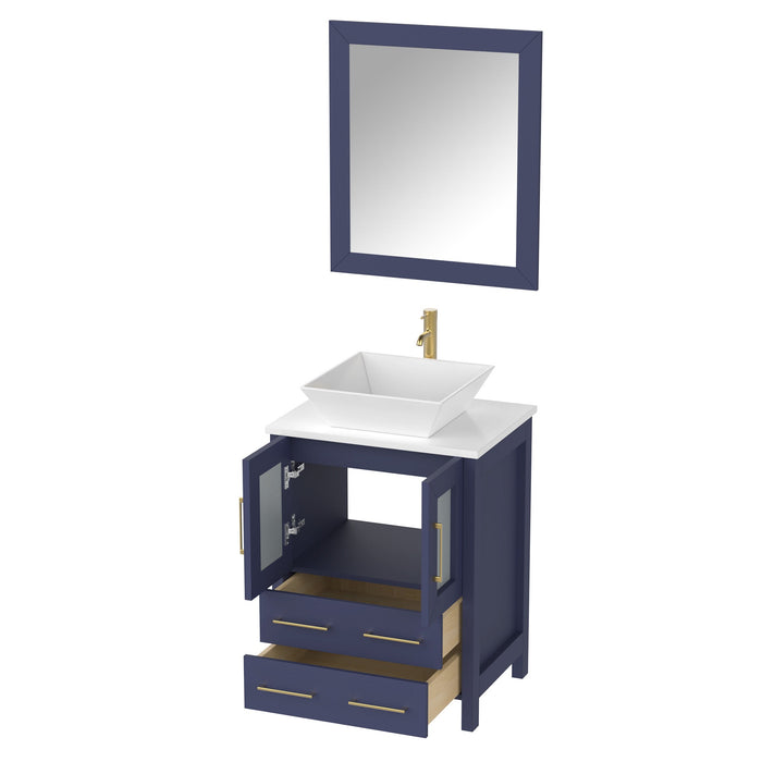 Ravenna 24" Single Sink Bathroom Vanity Combo Set, 2-Drawers, Single Shelf, Single Cabinet White Engineered Marble Top and Ceramic Vessel Sink Bathroom Cabinet with Mirror - HomeBeyond