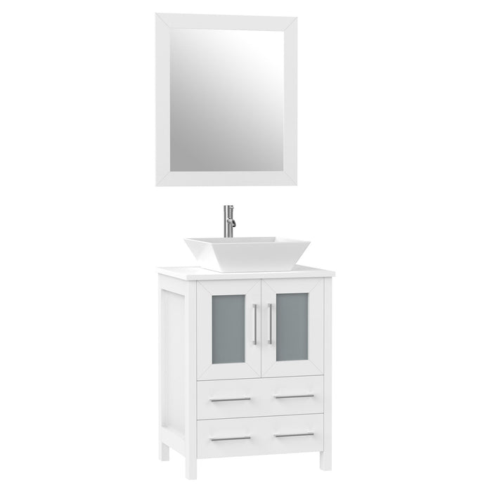 Ravenna 24" Single Sink Bathroom Vanity Combo Set, 2-Drawers, Single Shelf, Single Cabinet White Engineered Marble Top and Ceramic Vessel Sink Bathroom Cabinet with Mirror - HomeBeyond