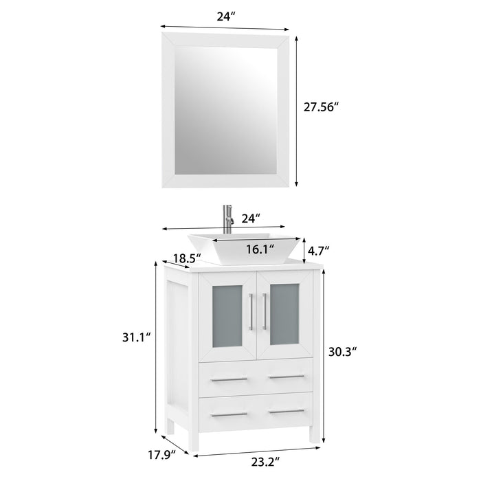 Ravenna 24" Single Sink Bathroom Vanity Combo Set, 2-Drawers, Single Shelf, Single Cabinet White Engineered Marble Top and Ceramic Vessel Sink Bathroom Cabinet with Mirror - HomeBeyond