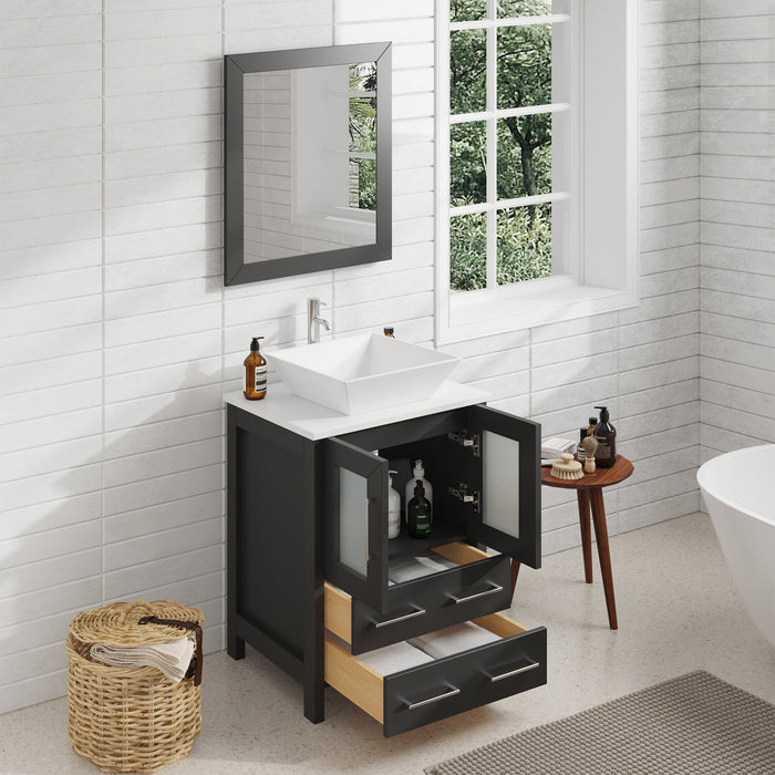 Ravenna 24" Single Sink Bathroom Vanity Combo Set, 2-Drawers, Single Shelf, Single Cabinet White Engineered Marble Top and Ceramic Vessel Sink Bathroom Cabinet with Mirror - HomeBeyond