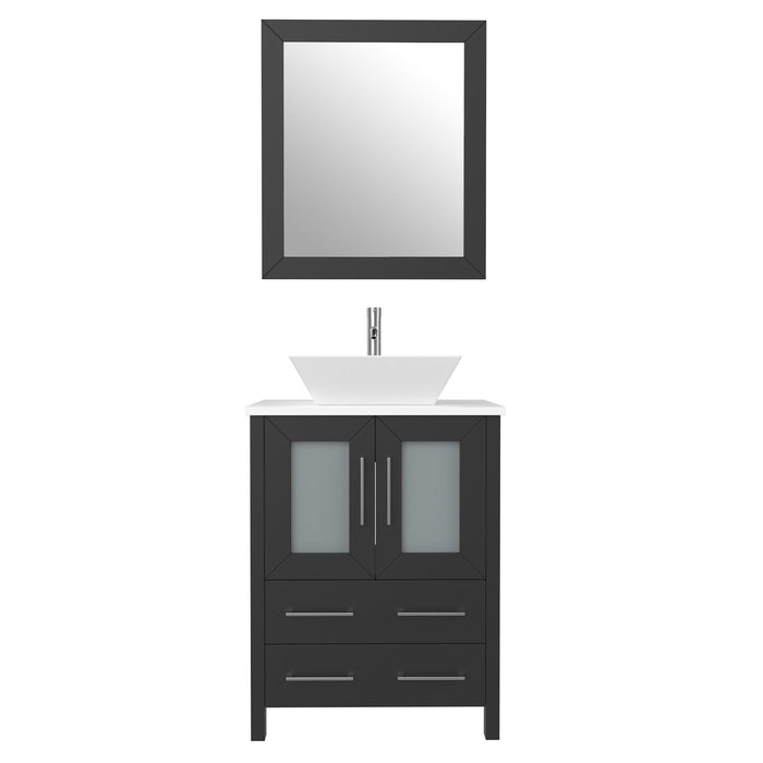 Ravenna 24" Single Sink Bathroom Vanity Combo Set, 2-Drawers, Single Shelf, Single Cabinet White Engineered Marble Top and Ceramic Vessel Sink Bathroom Cabinet with Mirror - HomeBeyond