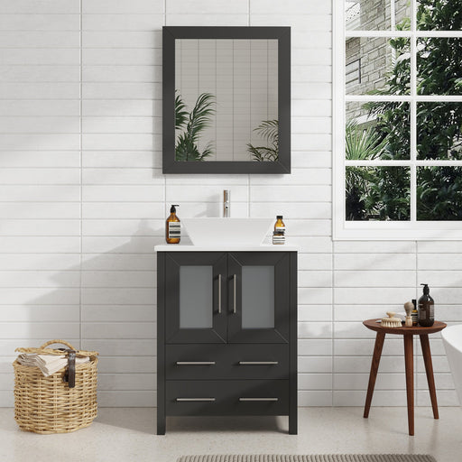 Ravenna 24" Single Sink Bathroom Vanity Combo Set, 2-Drawers, Single Shelf, Single Cabinet White Engineered Marble Top and Ceramic Vessel Sink Bathroom Cabinet with Mirror - HomeBeyond