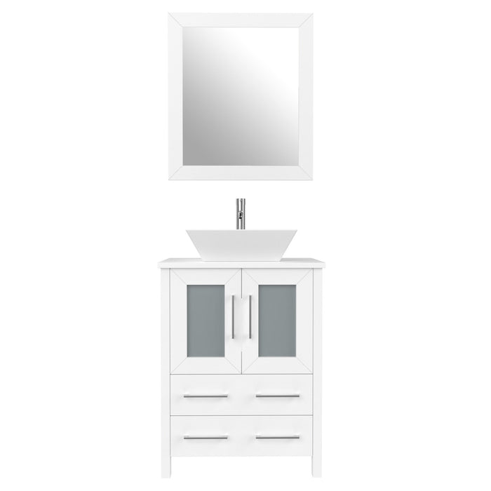 Ravenna 24" Single Sink Bathroom Vanity Combo Set, 2-Drawers, Single Shelf, Single Cabinet White Engineered Marble Top and Ceramic Vessel Sink Bathroom Cabinet with Mirror - HomeBeyond