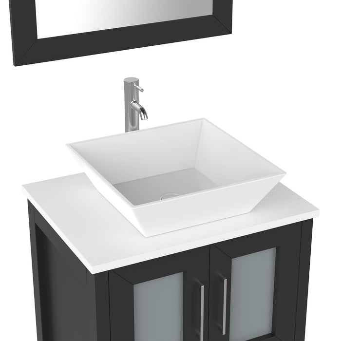 Ravenna 24" Single Sink Bathroom Vanity Combo Set, 2-Drawers, Single Shelf, Single Cabinet White Engineered Marble Top and Ceramic Vessel Sink Bathroom Cabinet with Mirror - HomeBeyond